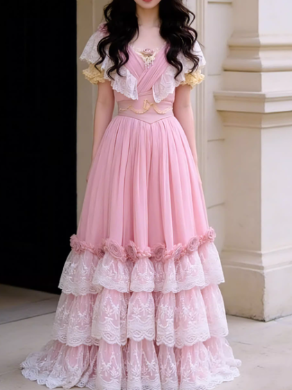 Elegant Pink Lace Tiered Maxi Evening Gown Floral RufflesProm Dress DP7878