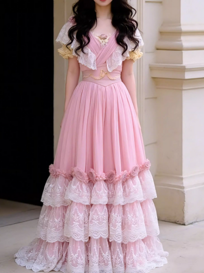 Elegant Pink Lace Tiered Maxi Evening Gown Floral RufflesProm Dress DP7878