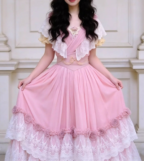Elegant Pink Lace Tiered Maxi Evening Gown Floral RufflesProm Dress DP7878