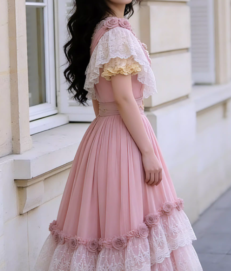 Elegant Pink Lace Tiered Maxi Evening Gown Floral RufflesProm Dress DP7878