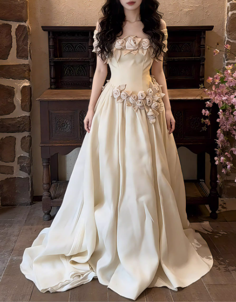 Elegant Ivory Satin Off-the-Shoulder Wedding Dress with 3D Floral Applique DP7880