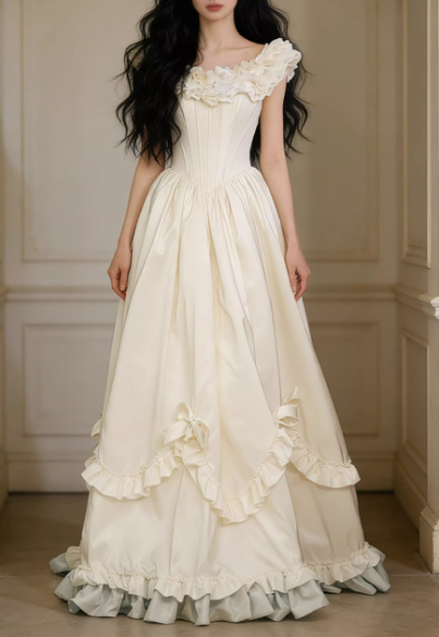 Ivory Satin Off-the-Shoulder Bridal Gown A-Line Ruffled Bows Wedding Dress DP7881