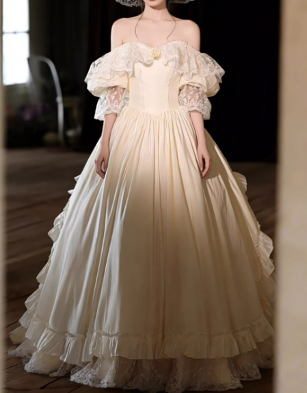 Romantic Ivory Off-the-Shoulder Lace Bridal Gown A-Line Ruffled Wedding Dress DP7883