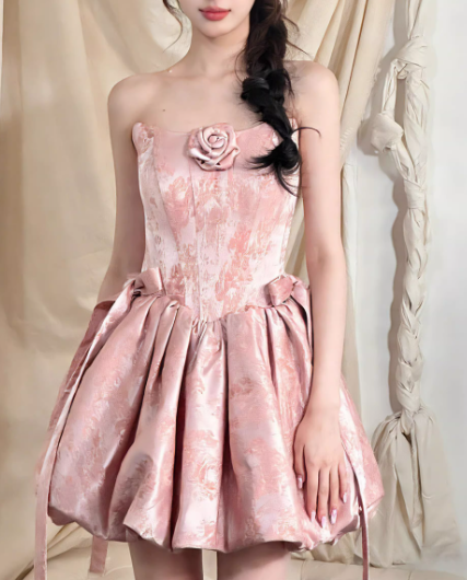 Romantic Pink Jacquard Strapless Party Dress 3D Rose A-Line Mini Homecoming Dress DP7884