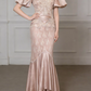Robe de bal de luxe couleur champagne, robe de soirée sirène en dentelle et satin avec manches bouffantes DP7885