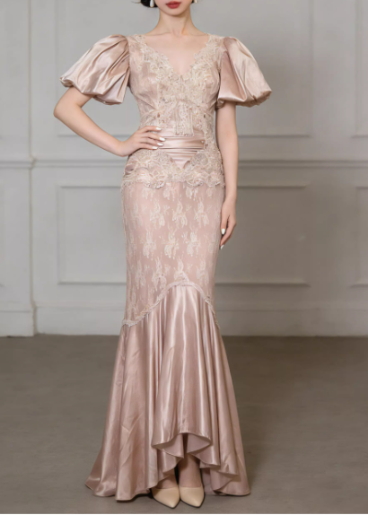 Robe de bal de luxe couleur champagne, robe de soirée sirène en dentelle et satin avec manches bouffantes DP7885