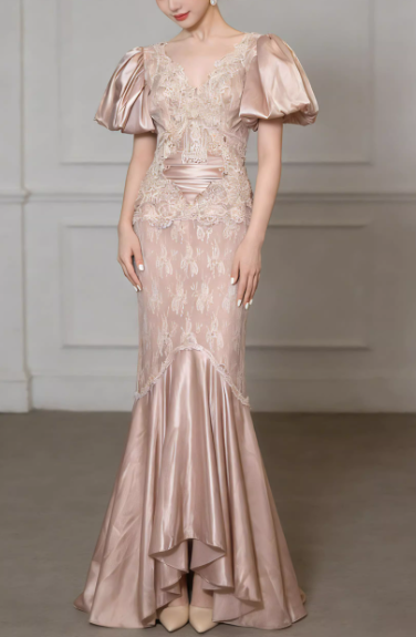 Robe de bal de luxe couleur champagne, robe de soirée sirène en dentelle et satin avec manches bouffantes DP7885