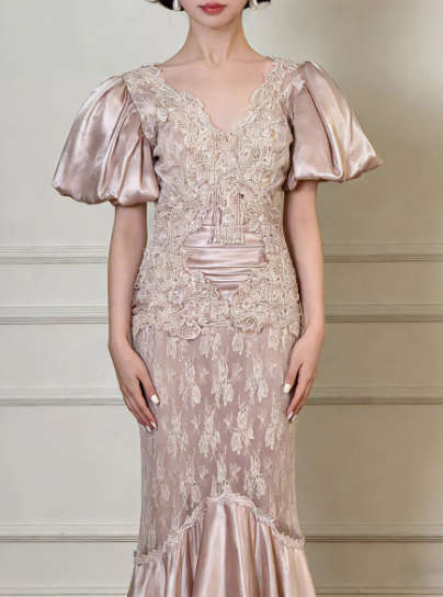 Robe de bal de luxe couleur champagne, robe de soirée sirène en dentelle et satin avec manches bouffantes DP7885