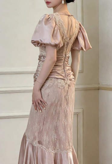 Robe de bal de luxe couleur champagne, robe de soirée sirène en dentelle et satin avec manches bouffantes DP7885
