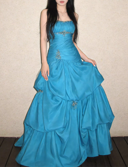 Robe de bal turquoise bustier ornée de perles, coupe trapèze, idéale pour les 15 ans (Quinceañera) DP7886