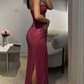 Glamorous Strapless Sequin Fuchsia Evening Gown with High Slit Sparkling Sheath Prom Dress DP7011