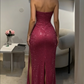 Glamorous Strapless Sequin Fuchsia Evening Gown with High Slit Sparkling Sheath Prom Dress DP7011