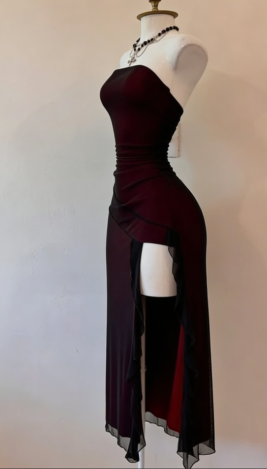 Vintage Burgundy Strapless Sheath Split Long Evening Party Dresses DP5700