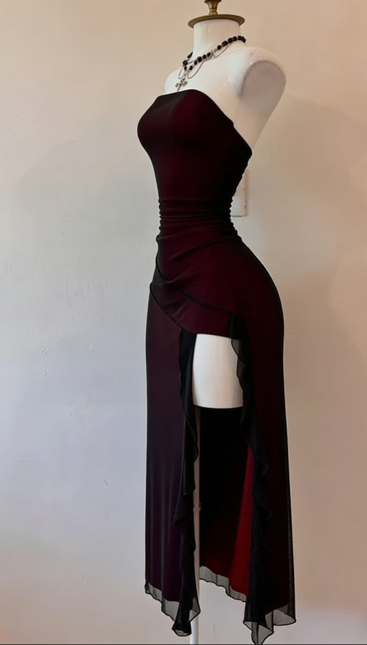Vintage Burgundy Strapless Sheath Split Long Evening Party Dresses DP5700