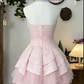 Glamouröses, pinkfarbenes, trägerloses Homecoming-Kleid aus Spitze mit Strasssteinen, A-Linie, gestuftem Tüllrock, DP7873