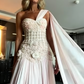 Elegant One-Shoulder Beaded Embroidery Evening Gown with Draped Train DP7882