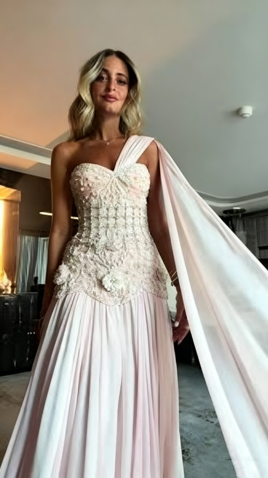 Elegant One-Shoulder Beaded Embroidery Evening Gown with Draped Train DP7882