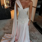 Elegant One-Shoulder Beaded Embroidery Evening Gown with Draped Train DP7882