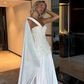 Elegant One-Shoulder Beaded Embroidery Evening Gown with Draped Train DP7882