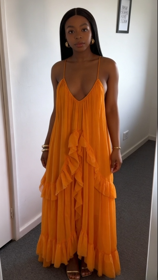 Orange Ruffled Tiered Maxi Dress - Flowy Boho Evening Gown DP3062