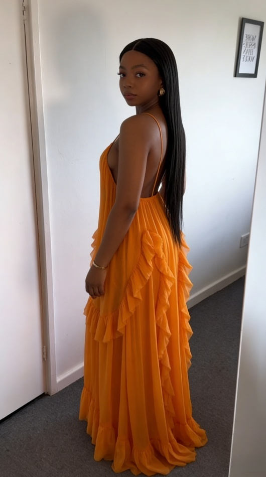 Orange Ruffled Tiered Maxi Dress - Flowy Boho Evening Gown DP3062