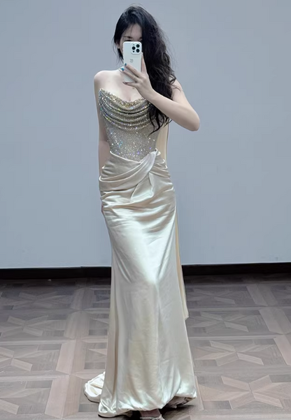 Robe de soirée bustier élégante en sequins et satin champagne DP7889