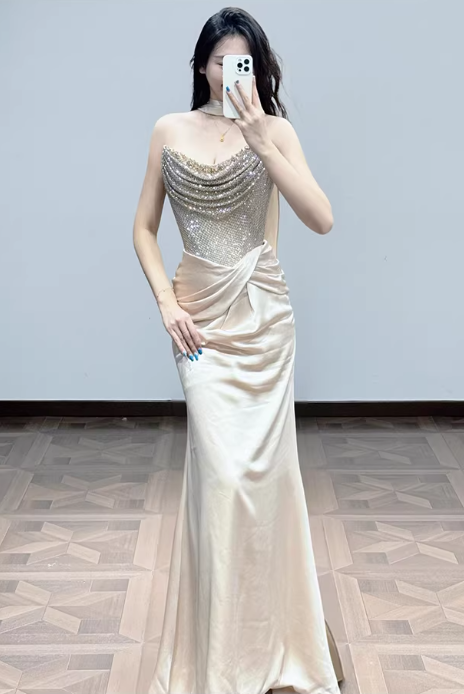 Robe de soirée bustier élégante en sequins et satin champagne DP7889