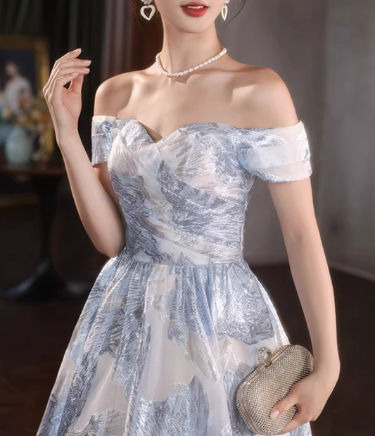 Elegant Blue & Silver Jacquard Off-the-Shoulder Sweet 15 Quinceanera Ball Gown DP7891