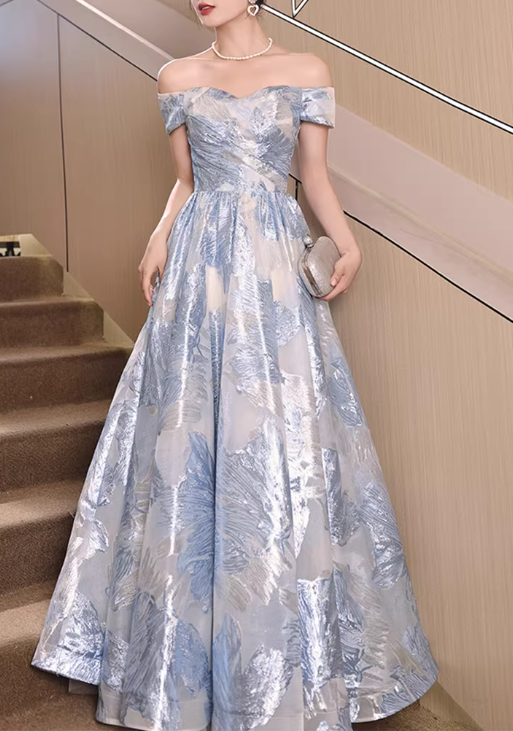 Elegant Blue & Silver Jacquard Off-the-Shoulder Sweet 15 Quinceanera Ball Gown DP7891