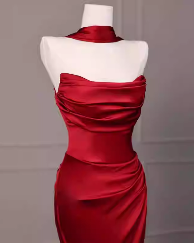Robe de bal élégante en satin rouge, robe de soirée sirène bustier DP7892
