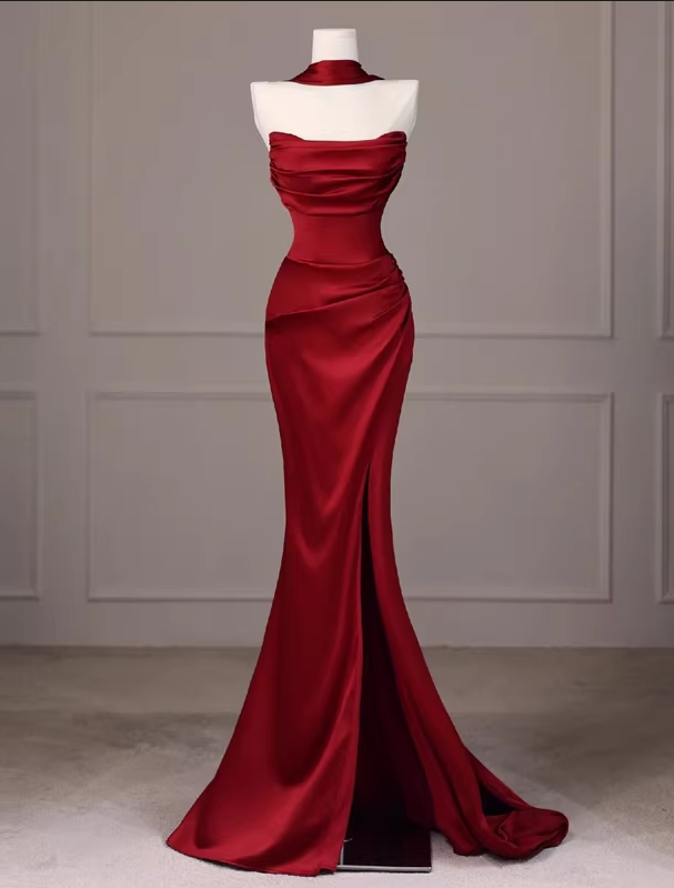 Robe de bal élégante en satin rouge, robe de soirée sirène bustier DP7892