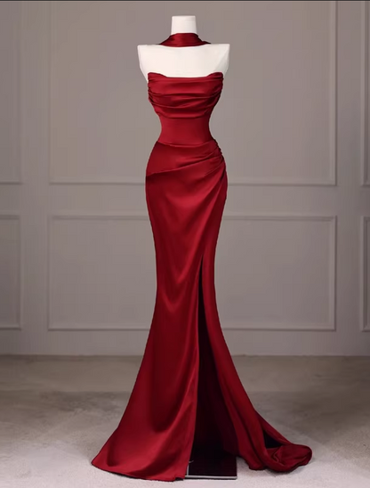 Robe de bal élégante en satin rouge, robe de soirée sirène bustier DP7892