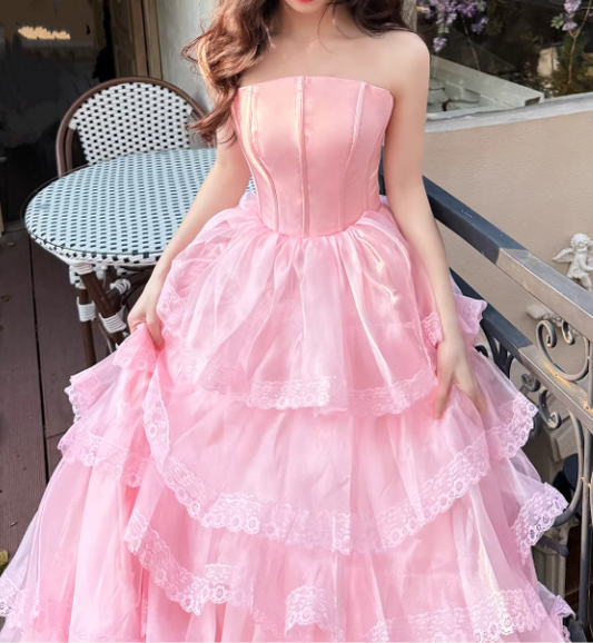 Elegant Pink Strapless Tiered Tulle Sweet 15 Quinceanera Ball Gown DP7893