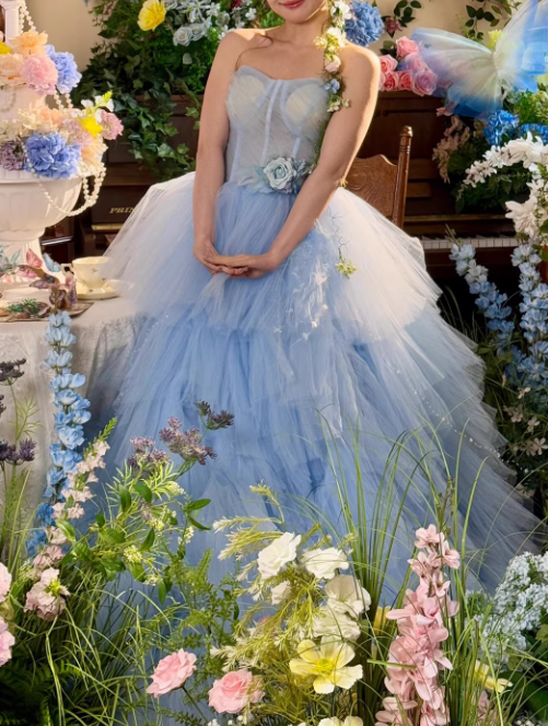 Elegant Light Blue Strapless Floral Tulle Sweet 15 Quinceanera Ball Gown DP7894