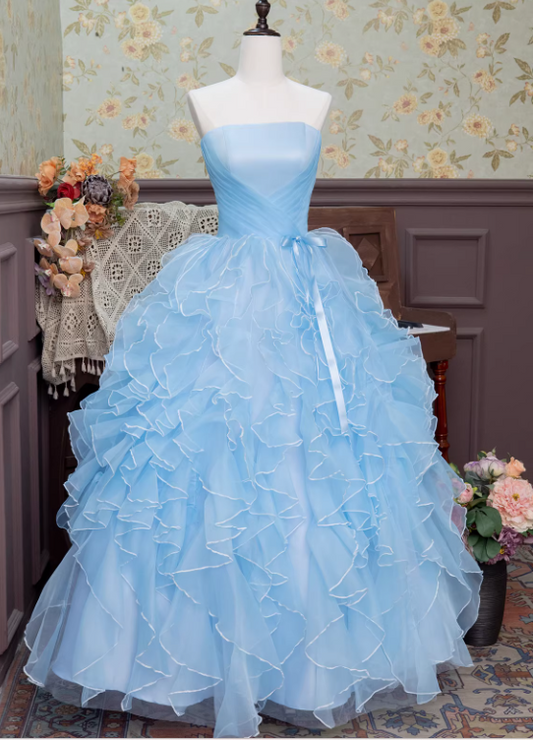 Glamorous Blue Strapless Evening Gown Ruffled Tulle Sweet 15 Quinceanera Ball Gown DP7895