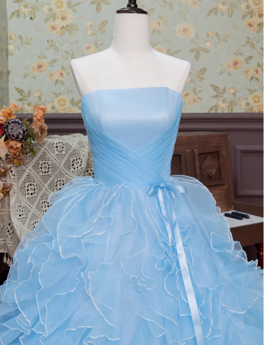 Glamorous Blue Strapless Evening Gown Ruffled Tulle Sweet 15 Quinceanera Ball Gown DP7895