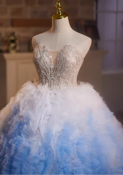 Romantic Beaded Bodice Ombre Blue Feather Prom Dress Sweet 15 Quinceanera Ball Gown DP7896