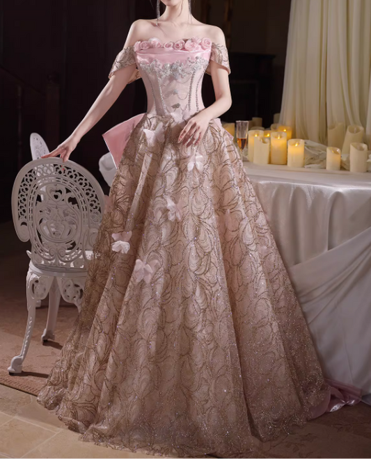 Elegant Glitter Jacquard Off-the-Shoulder Floral Sweet 15 Quinceanera Ball Gown DP7897