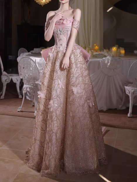 Elegant Glitter Jacquard Off-the-Shoulder Floral Sweet 15 Quinceanera Ball Gown DP7897