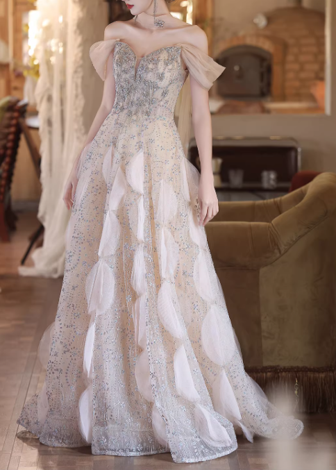 Elegant Champagne Sequin Off-the-Shoulder Evening Gown DP7898