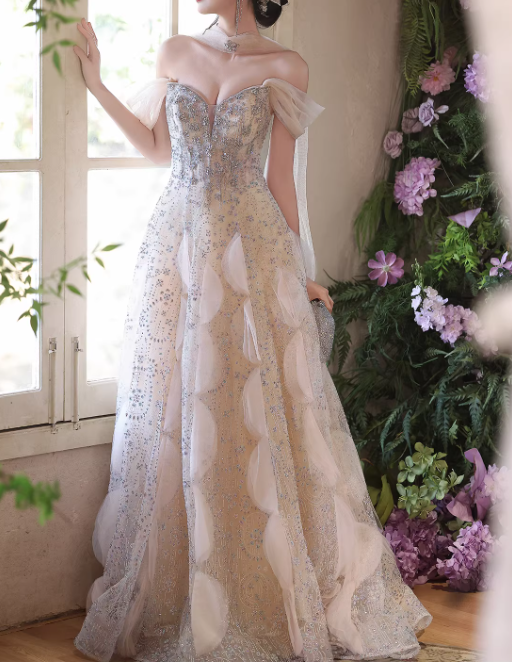 Elegant Champagne Sequin Off-the-Shoulder Evening Gown DP7898