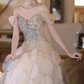 Elegant Champagne Sequin Off-the-Shoulder Evening Gown DP7898