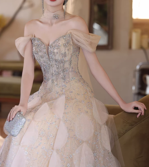 Elegant Champagne Sequin Off-the-Shoulder Evening Gown DP7898