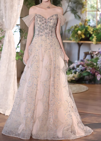 Elegant Champagne Sequin Off-the-Shoulder Evening Gown DP7898