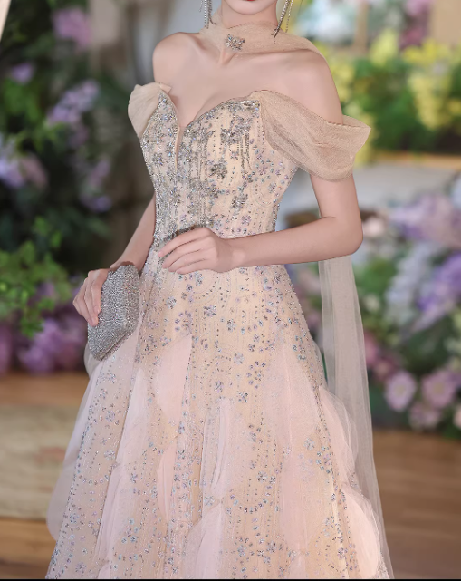 Elegant Champagne Sequin Off-the-Shoulder Evening Gown DP7898