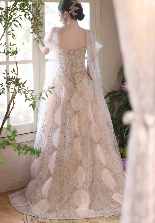 Elegant Champagne Sequin Off-the-Shoulder Evening Gown DP7898