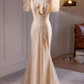 Elegant Champagne Sequin Puff Sleeve Mermaid Evening Gown DP7899