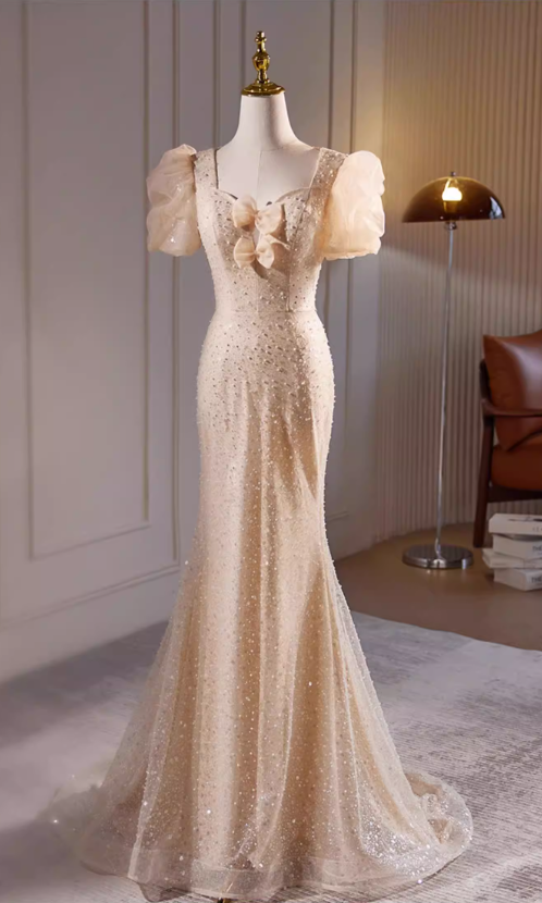 Elegant Champagne Sequin Puff Sleeve Mermaid Evening Gown DP7899