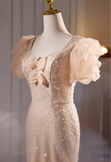 Elegant Champagne Sequin Puff Sleeve Mermaid Evening Gown DP7899