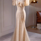 Elegant Champagne Sequin Puff Sleeve Mermaid Evening Gown DP7899